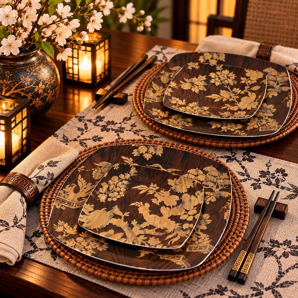 222 Fifth Mandarin Square Plates 2 Dinner 2 Salad Faux Wood Asian Bird Floral